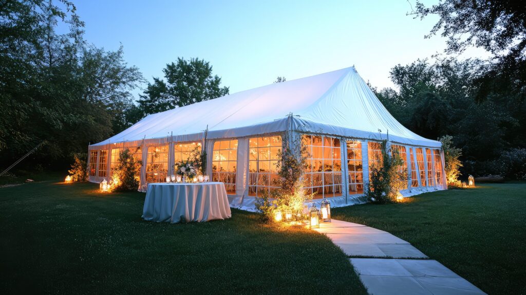 Evening wedding tent setup with lighting in Northern Utah
