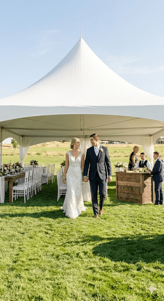 Wedding tent setup with couple standing outdoors