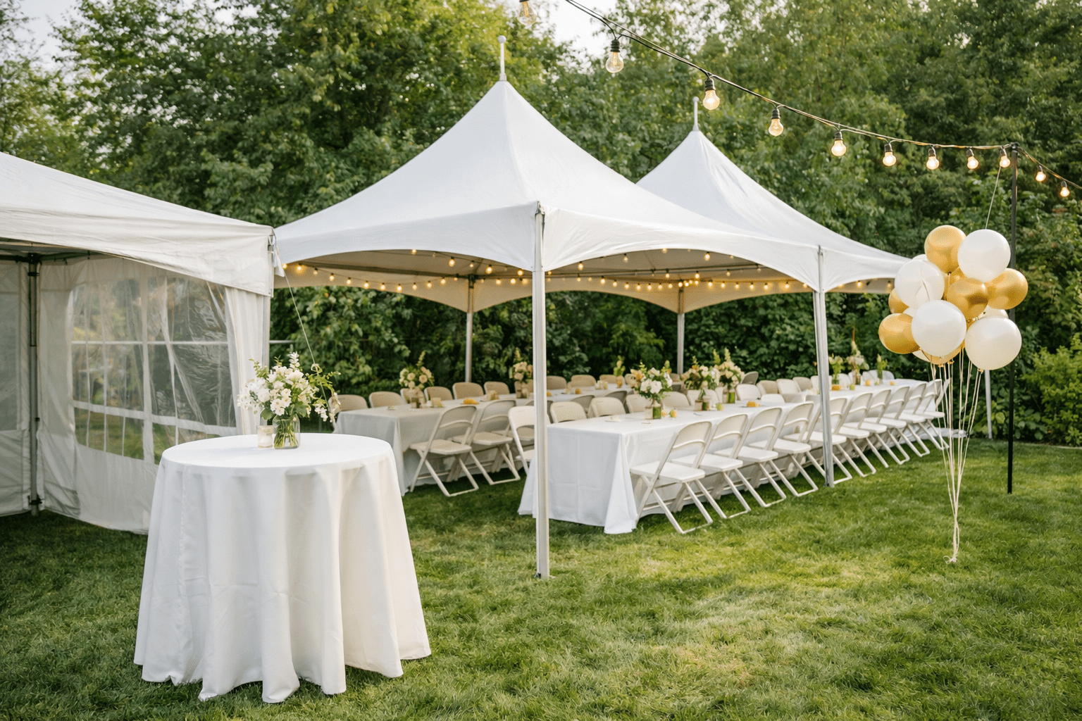 Elegant 20x40 high peak event tent rental set up on a grassy lawn for an outdoor wedding in Ogden, UT, featuring white round tables, chairs, and string lights.