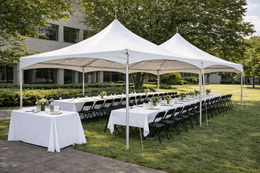 20x40 high peak tent rental in Ogden, UT set up for a corporate event with banquet tables, chairs, and white linens on a landscaped lawn