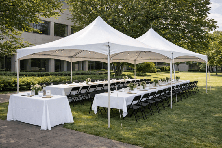 Wedding tables and chairs setup under event tent