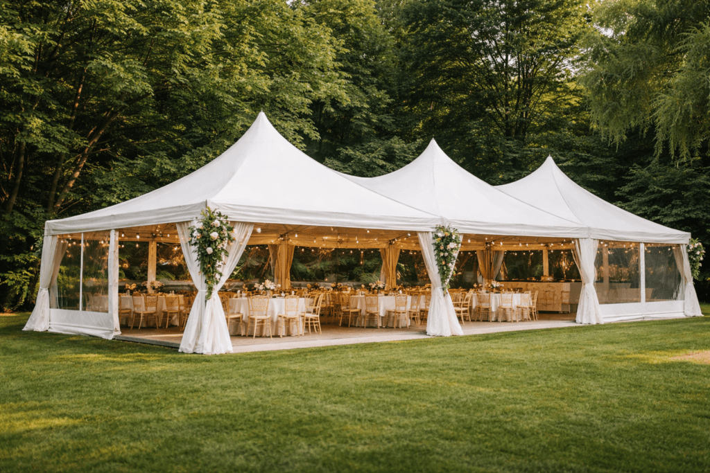 Elegant 20x40 white high peak frame tent setup on a manicured lawn, styled for an upscale outdoor wedding or corporate event with clear sidewalls, warm lighting, and polished table and chair arrangements.