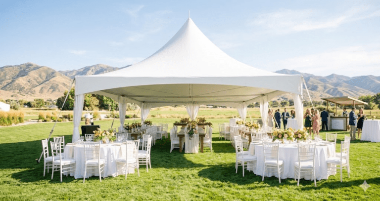 White event tent setup with tables and chairs for outdoor gatherings in Ogden, UT