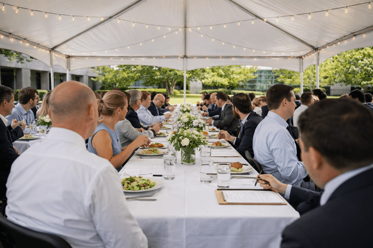 Corporate event setup with 20x40 tent rentals in Ogden, UT featuring banquet tables, chairs, and guests dining under a clean, professionally installed canopy