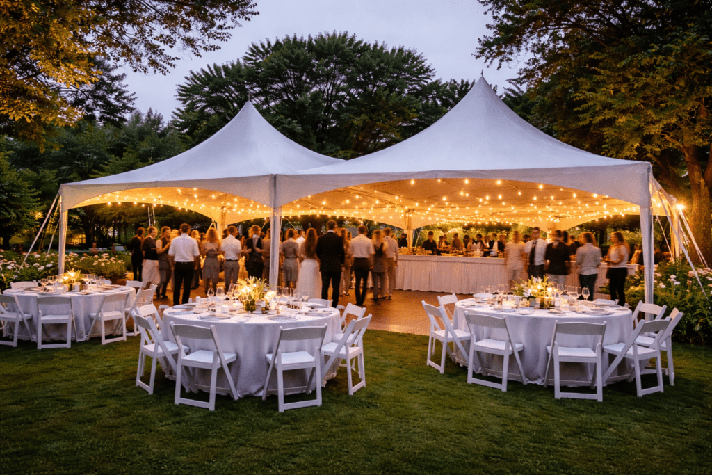 Outdoor tent setup with lighting and seating in Northern Utah
