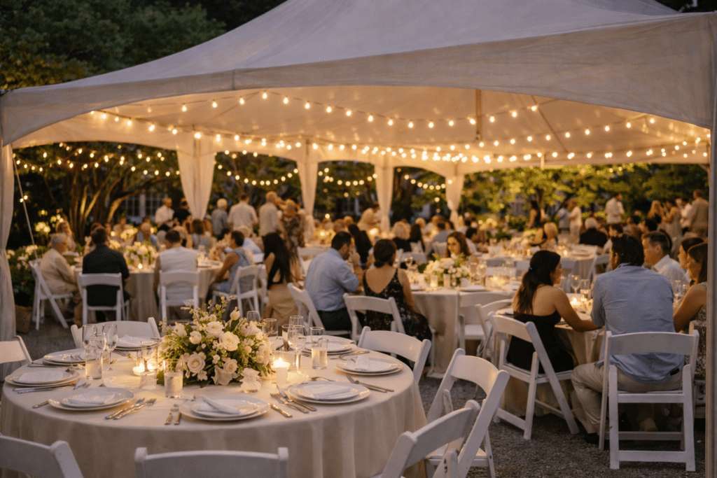 Elegant outdoor evening event under a white tent with warm string lighting, featuring round tables with white linens, gold chairs, and softly lit place settings creating an upscale, inviting atmosphere.