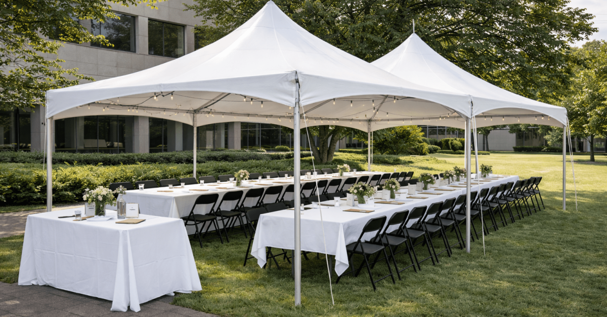 Wedding tables and chairs setup under event tent
