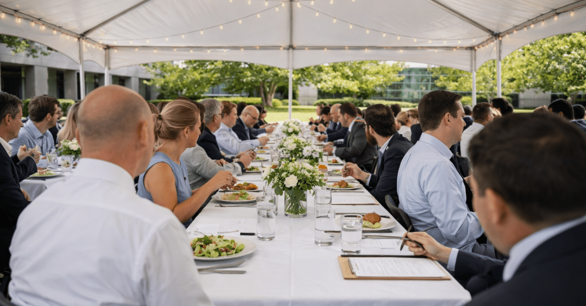Tent dining setup with long table arrangement