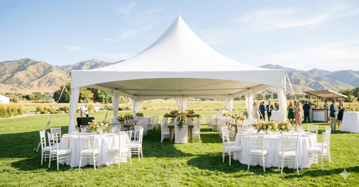 White event tent setup with tables and chairs for outdoor gatherings in Ogden, UT