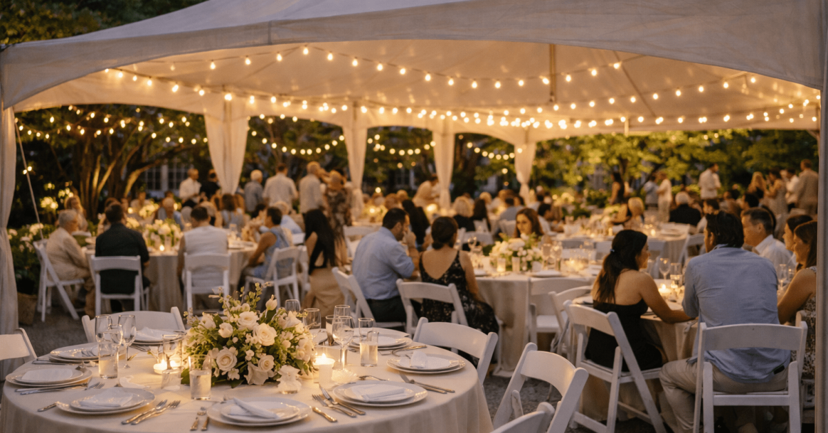 Outdoor tent reception setup with dining and lighting in Northern Utah